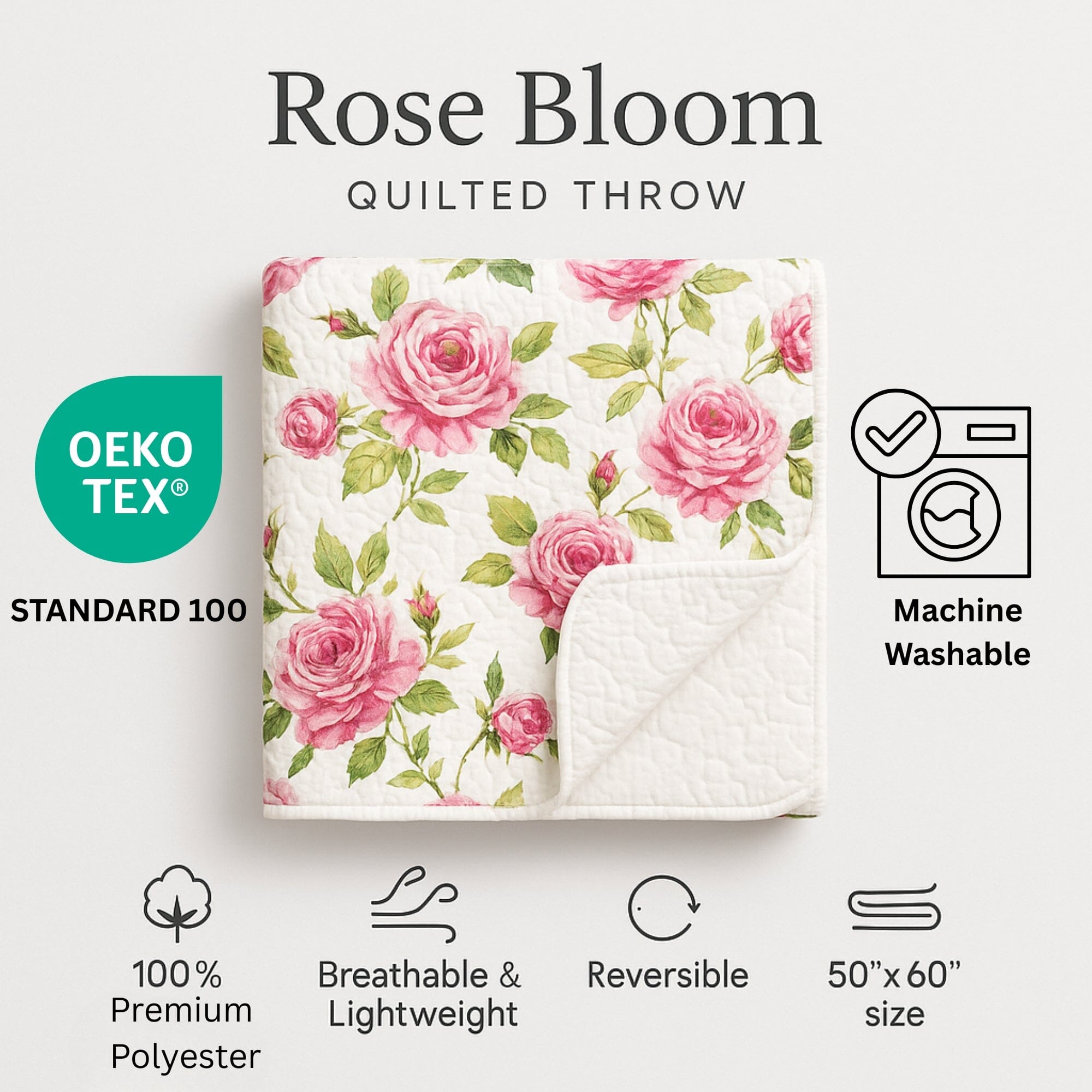 DaDa Bedding Romantic Roses Floral Throw Blanket - Lovely Spring Pink & White Scalloped Colorful Lightweight Breathable - Bright Vibrant Quilted Throw Blanket - 50 x 60