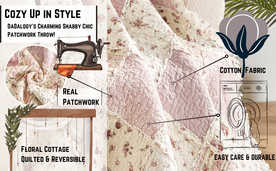 DaDalogy Cotton Patchwork Throw Blanket - Floral Cottage Quilted Reversible Blush Pink & Cream Shabby Chic Botanical Ruffle Design - Vintage Garden Rose Pastel Accents (3031)- 50 x 60