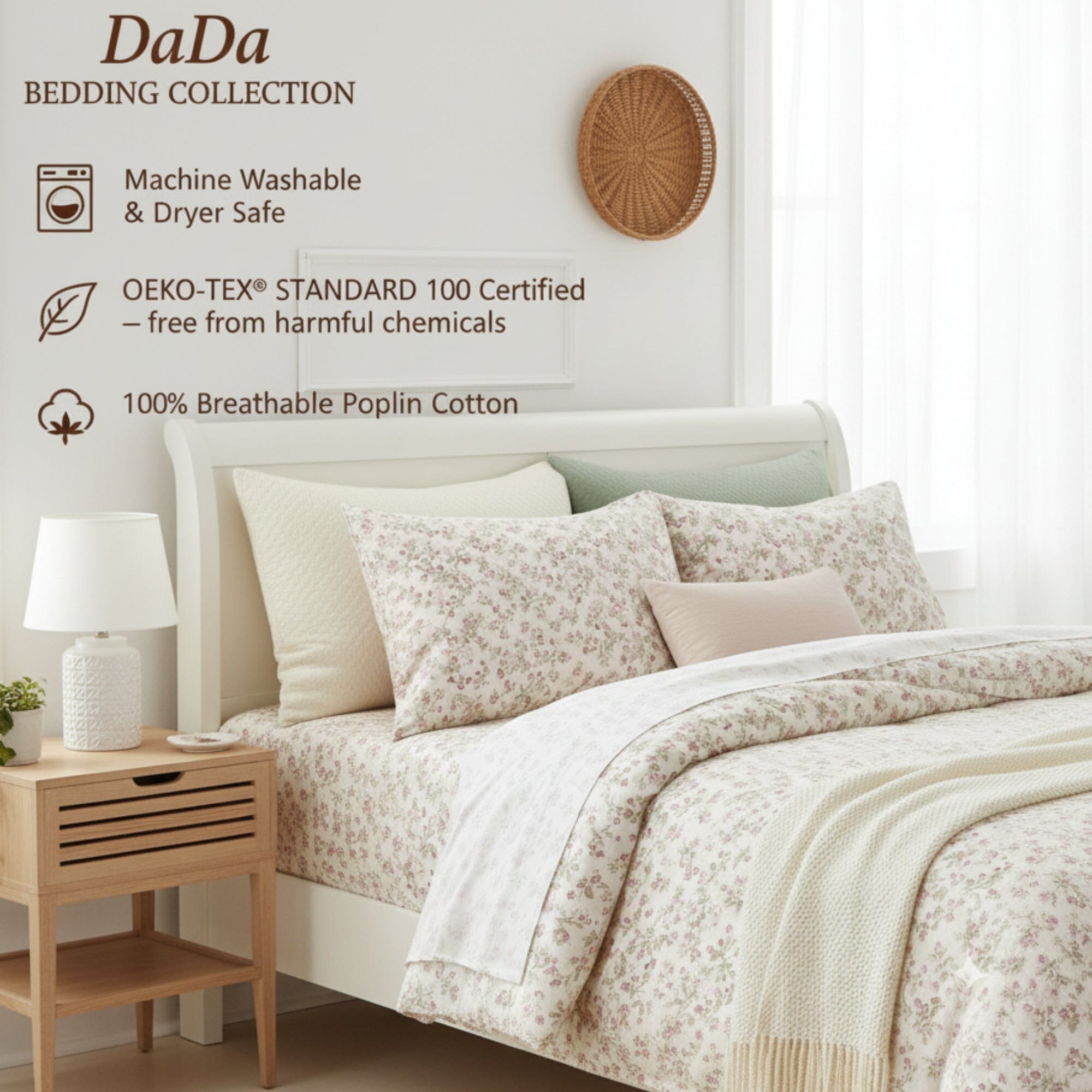 DaDa Bedding Collection Romantic Coquette Sheet Set - 100% Cotton [ Poplin Cotton ] Floral Fitted & Flat Sheets with Pillowcases - Deep Pocket Design - Soft, Breathable, Wrinkle-Resistant