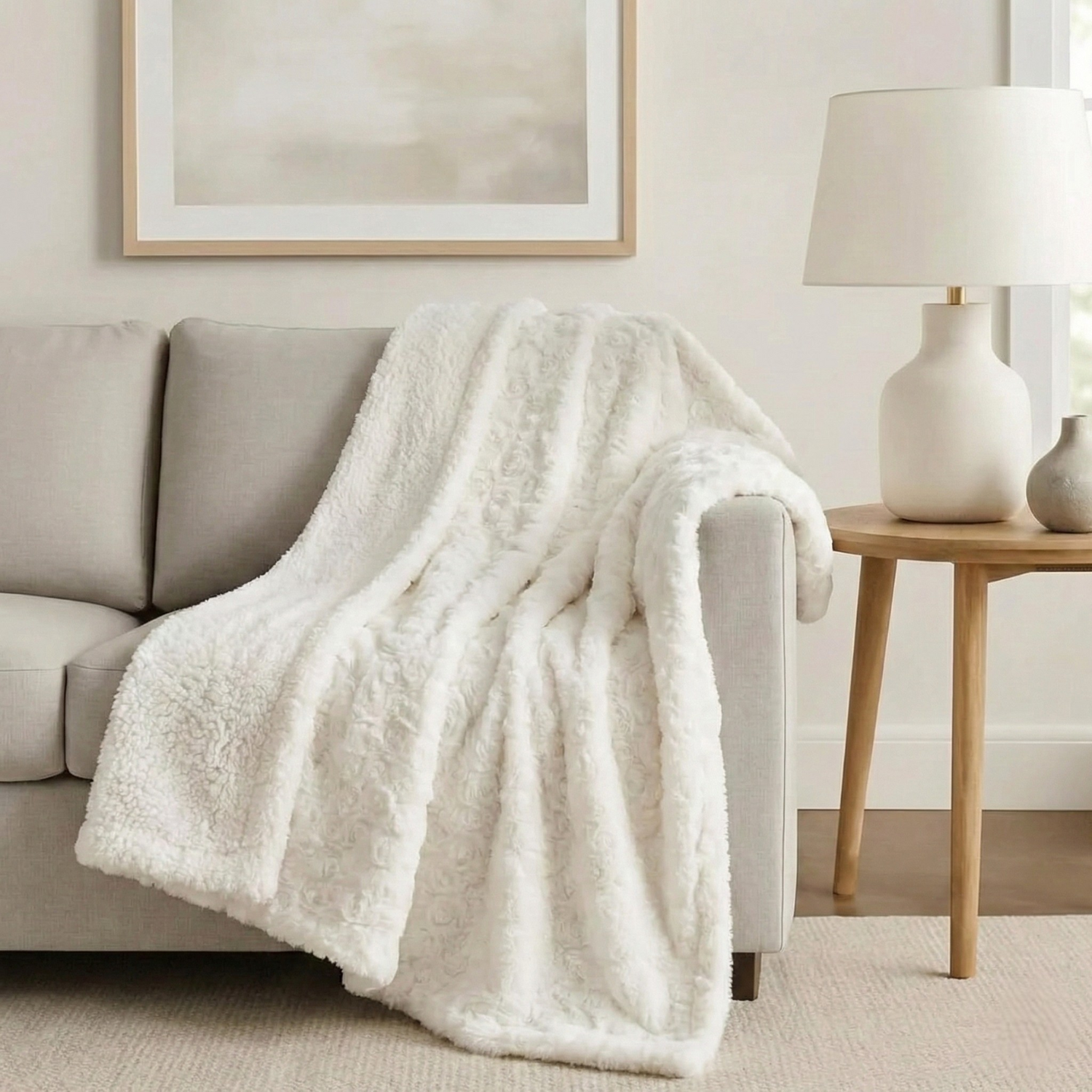 DaDa Bedding Luxury White Roses Fluffy Soft Sherpa Backside Faux Fur Throw Blanket (K11)